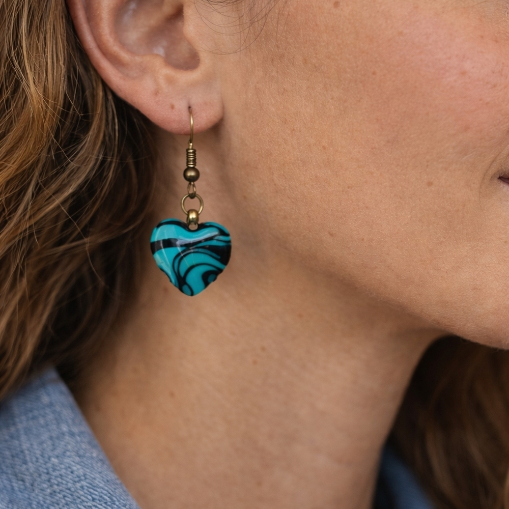Handmade Turquoise Swirl Glass Heart Earrings – Boho Western Dangle Jewelry